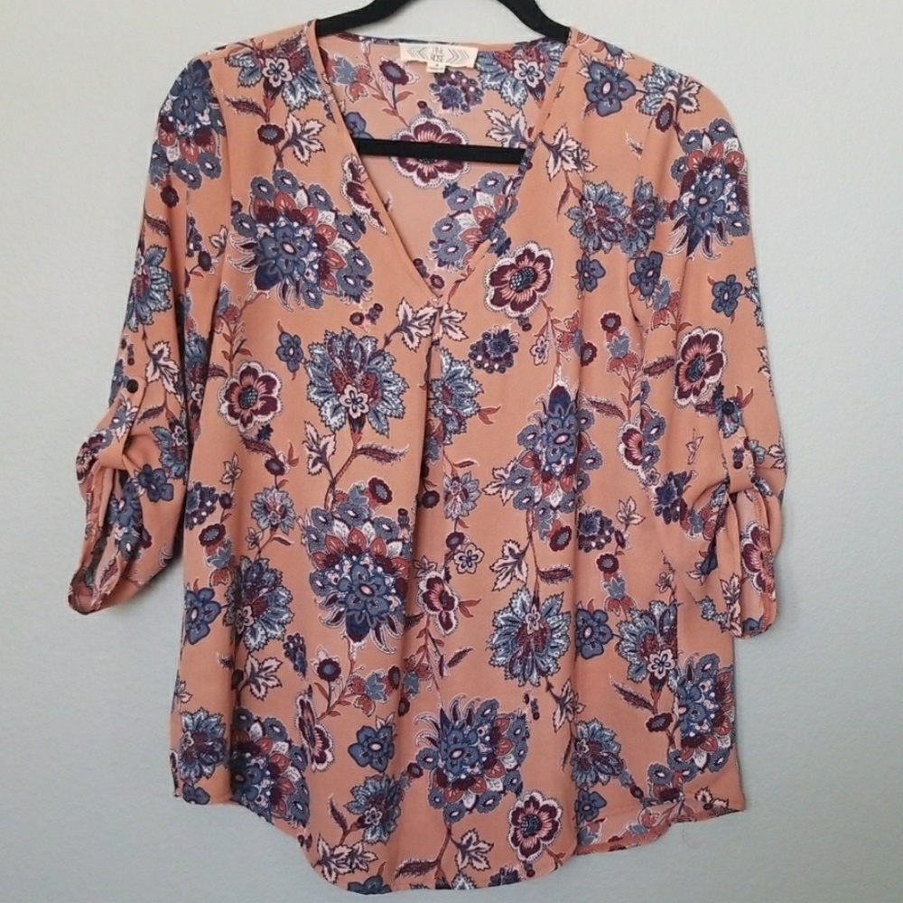 Pink Rose Popover V Neck Floral Roll Tab Sleeve Top Blouse size small